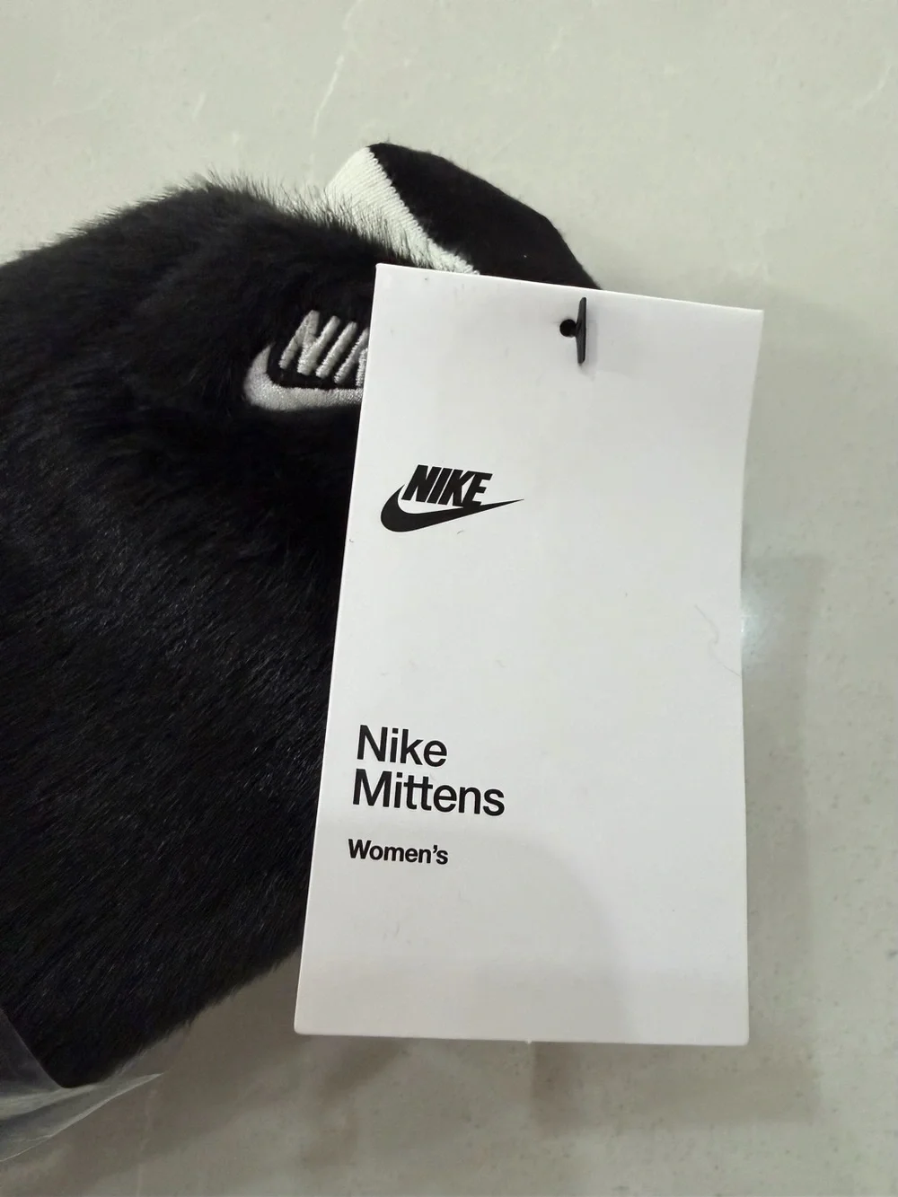 Nike Faux Fur Mittens Black Cream Logo Winter Gloves XS/S NWT